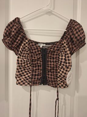 Roller Rabbit Brown and Black Gingham Puff Sleeve Crop Top